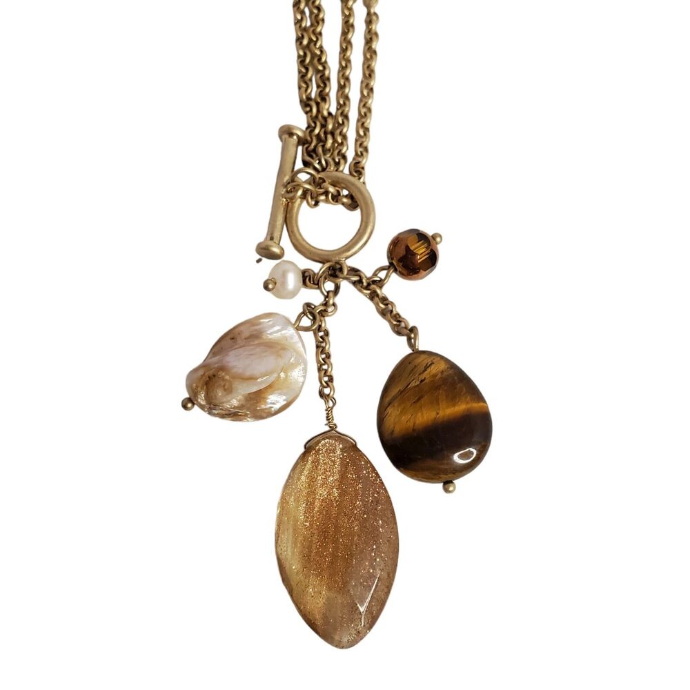 Fashion Toggle Chain Necklace Earthtone Beads Brown Gold Shimmery Adjustable